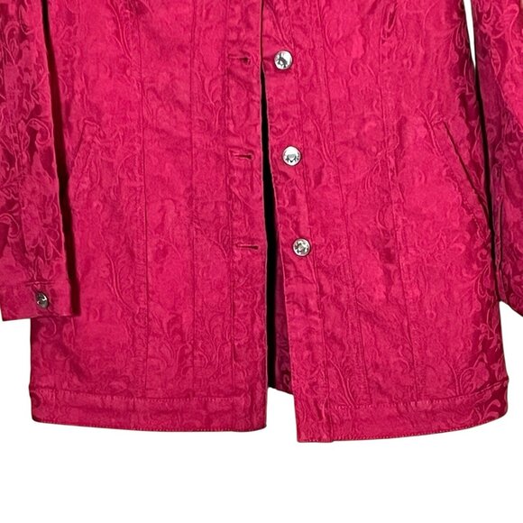 Chicos Size S Rich Red Elongated Jacquard Jean Jacket w/ Floral Imprint - Picture 4 of 9